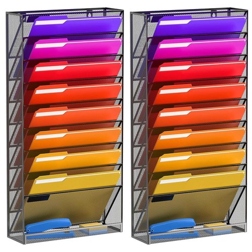 JMHUD 10 Tier Wall File Organizer, Hanging Wall Mount File Holder Paper Folder Mail Organizer, Mesh Metal, Black 2Pack