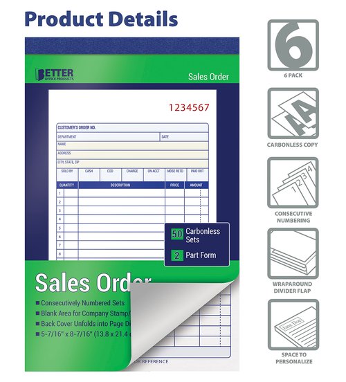 Better Office Products Large Sales Order Books, 6 Pack, 2-Part Carbonless (White/Canary Yellow), 5-7/16 x 8-7/16 inches, 50 Sets per Book, 300 Total Sets, 6 Books