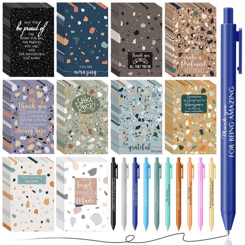 PerKoop 100 Sets Christmas Mini Pocket Notebook with Pens Bulk Motivational Employee Appreciation Gifts Inspirational Marbling Notepad with Colorful Pens for Teacher Coworker Team