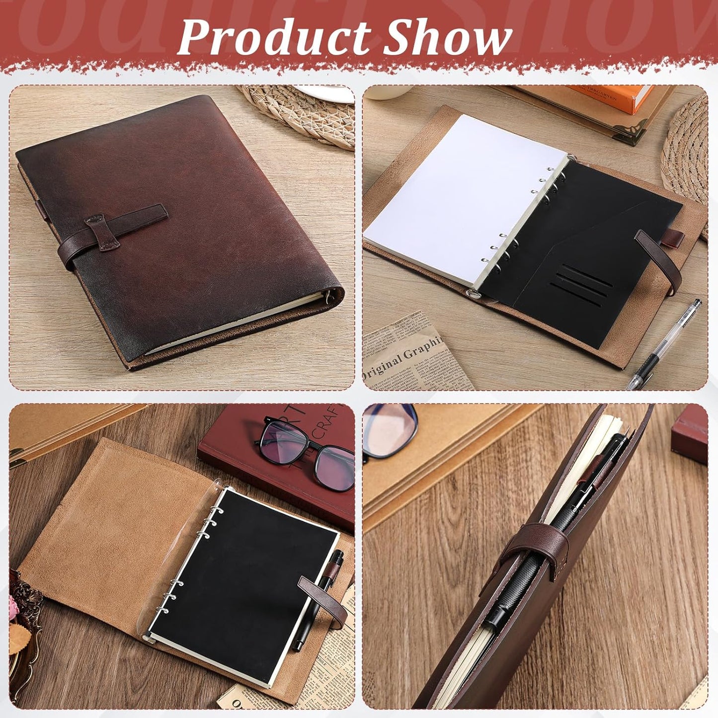 Skiennix Refillable A5 Leather Binder Notebook - Genuine Leather Journal with 6 Rings, Pocket & Card Slots