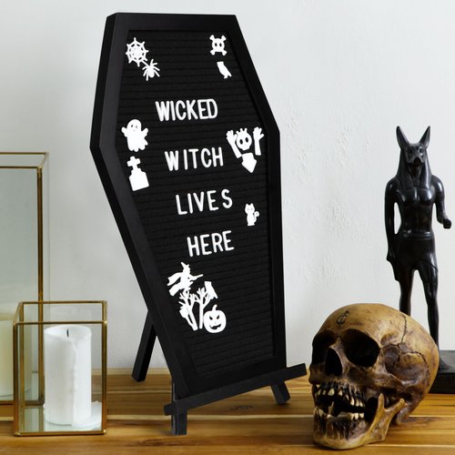 Manny's Mysterious Oddities Coffin Letter Board with Mini Coffin Board- Gothic Wedding Decor - Spooky 17x10.5 inches Felt Letter Board with 500 Precut Characters & Emojis