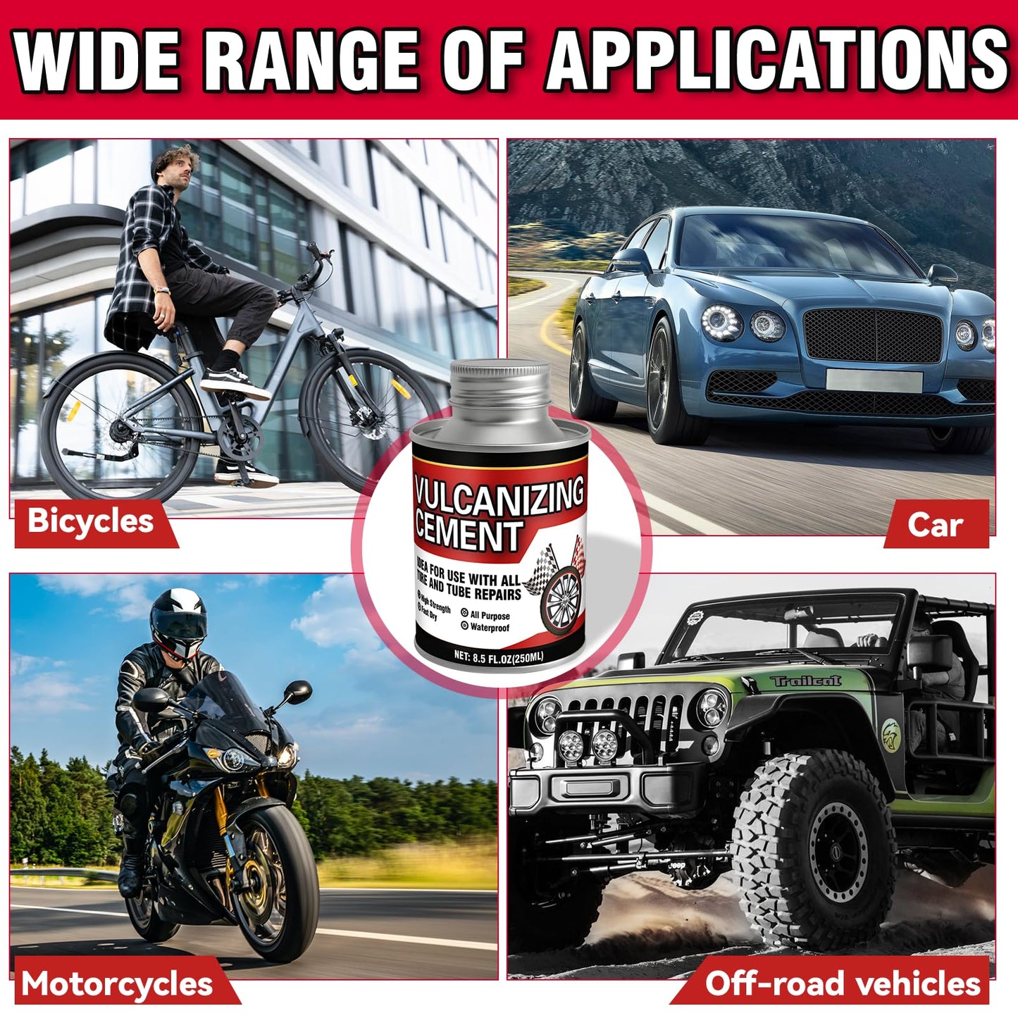 Chemical Vulcanizing Cement, Waterproof Tire Repair Glue 8.5 FL.Oz, Fast Drying Rubber Adhesive with Brush Top, Clear and Durable, Ideal for Car, Motorcycle, Bike