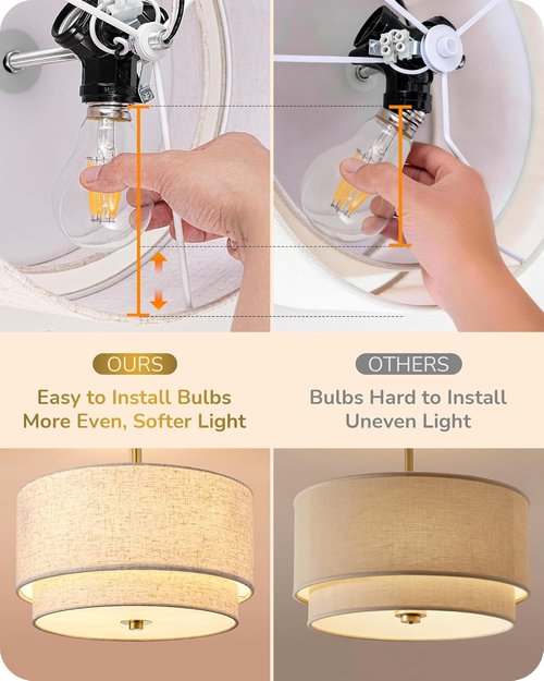 EDISHINE 12.6-Inch Semi Flush Mount Ceiling Light - 3-Light Modern Fixture with Double Drum Linen Shade | Brushed Gold Finish for Bedroom, Hallway, Dining Room