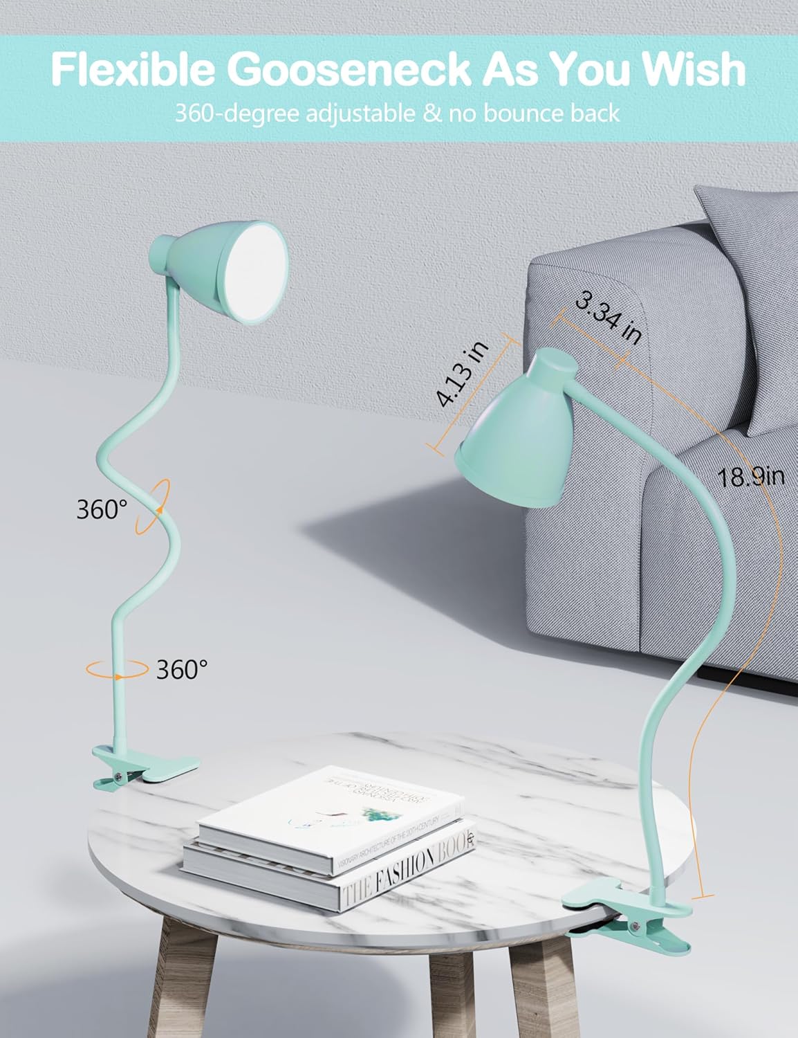 BOHON Desk Lamp - 10W LED Clip-On Light with 5 Colors & 10 Brightness Levels | Flexible Gooseneck, Teal
