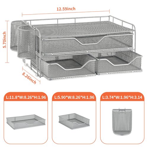 Gianotter 3-Tier Desk Drawer Organizer with 2 Pen Holder, Desk Accessories & Workspace Organizers for Home Office Supplies (Silver)