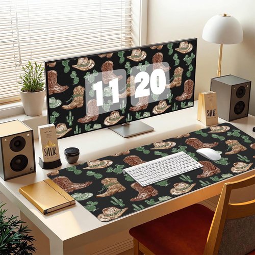 Cozynestcy Retro Western Cowboy Large Mousepad 31.5''X15.7''Cute Kawaii Plant Desktop Mat Pu Leather Desk Mat Trendy Mouse Pad Non-Slip Table Mat for Girls Women Office Home Work Computer Game