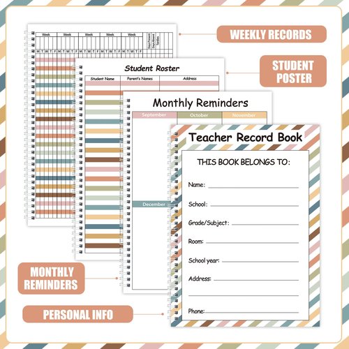 peony man Teacher Record Book Boho Teacher Grade Book Rainbow Spiral Bound Class Grade Book for Teachers Classroom Attendance Student Name School Office Favors Gifts Supplies, 8.5 x 11 Inch