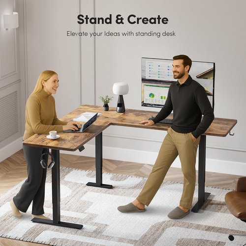 FEZIBO 63" L-Shaped Standing Desk - Adjustable Rustic Brown Corner Desk with Splice Board