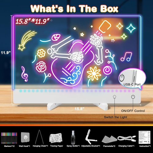 Lumi Rechargeable LED Drawing Board - Large 15.8"x11.9" Acrylic Dry Erase Board with 12 Markers & 7 Colors | Perfect for Gifts