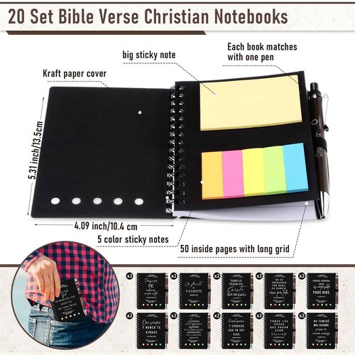 Kosiz 40 Pcs/20 Set Christmas Christian Gifts Prayer Journal Notebook Bulk for Women Journal Spiral 5.3x4.1 in, Religious Bible Verse Pen Sticky Note for Church Faith Based(Black,Spanish Bible Leaves)