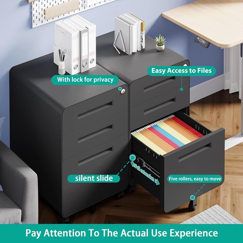 SISESOL 3-Drawer Rolling File Cabinet - Lockable Modern Office Storage with Anti-Tilt Wheels | A4/Letter/Legal Size