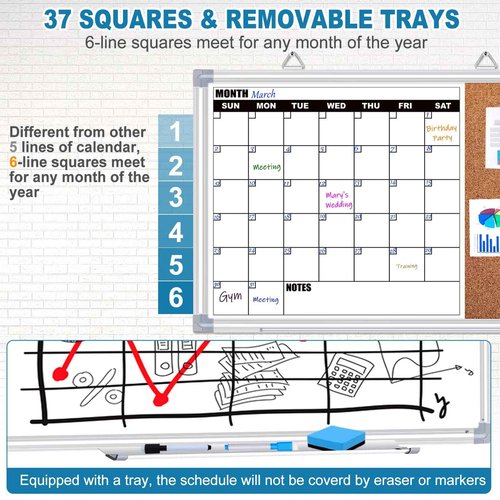YUYIUS Calendar Whiteboard for Wall, 24" x 18" Double Sided Monthly Dry Erase Board Calendar for Office, Home, School, Hanging Cork Board White Board Combo, Portable Magnetic Dry Erase Planner Board