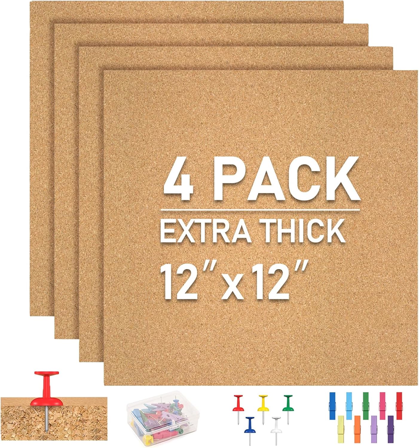 Skiennix Cork Board Tiles - 4 Pack Adhesive Corkboards for Office, School & Home Decor