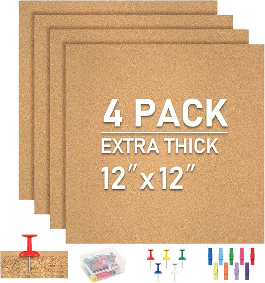 Skiennix Cork Board Tiles - 4 Pack Adhesive Corkboards for Office, School & Home Decor