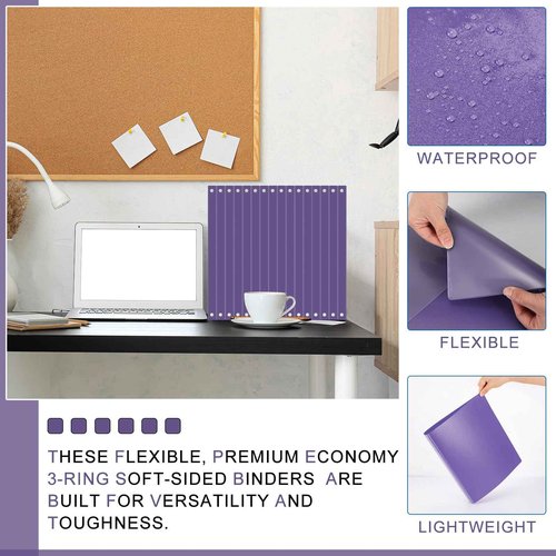 Fulmoon 12 Pcs Economy View 3 Ring Plastic Binder 12.2 x 9.8 Inch Plastic Round Ring Binders with Pockets Notebinder for Meetings for Home, Office, School(Purple, 1/2 Inch)