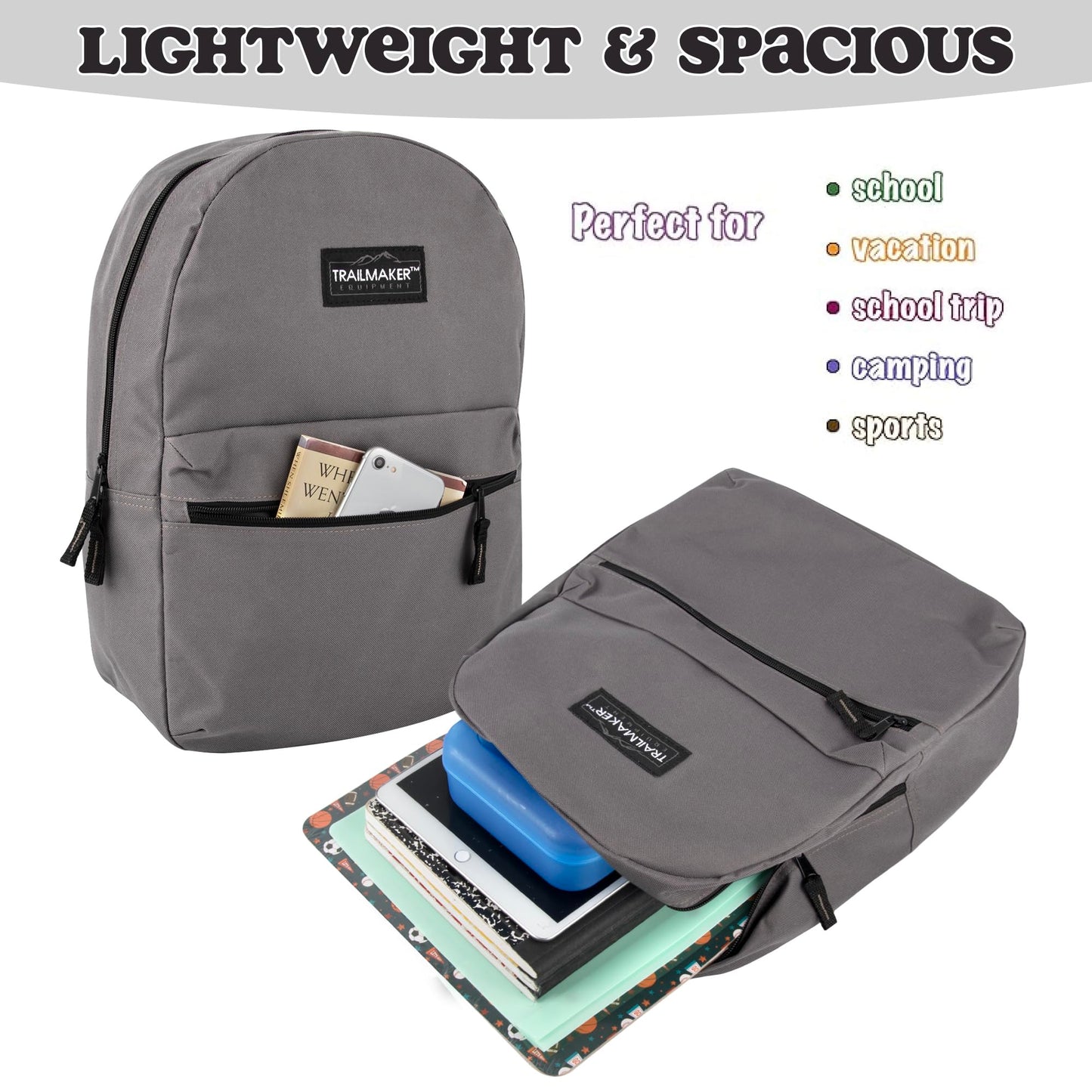 Trail maker Classic 17 inch Backpacks with Adjustable Padded Straps | School Backpacks for Girls, Boys (Grey)