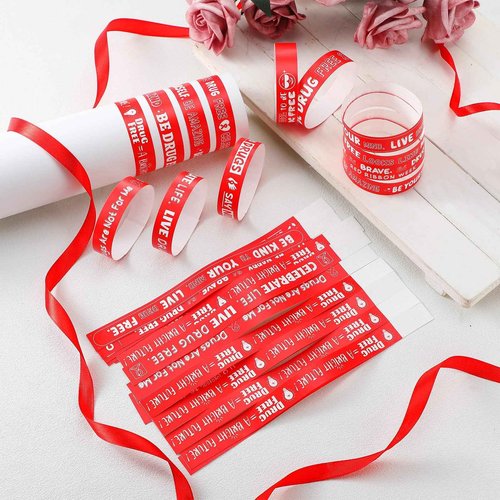 Fuyoooo 2400 Pcs Red Ribbon Week Wristbands Bulk - Drug Free Red Ribbon Week Paper Bracelets Inspirational Awareness Supplies for Anti-Drugs Campaigns, Awareness Events
