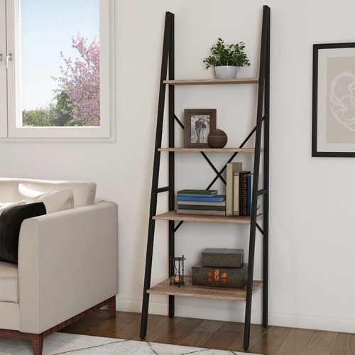 Lavish Home 4-Tier Ladder Bookshelf - Freestanding Bookcase with X-Back Frame and Leaning Look - Display Shelves for Home and Office (Black/Gray)