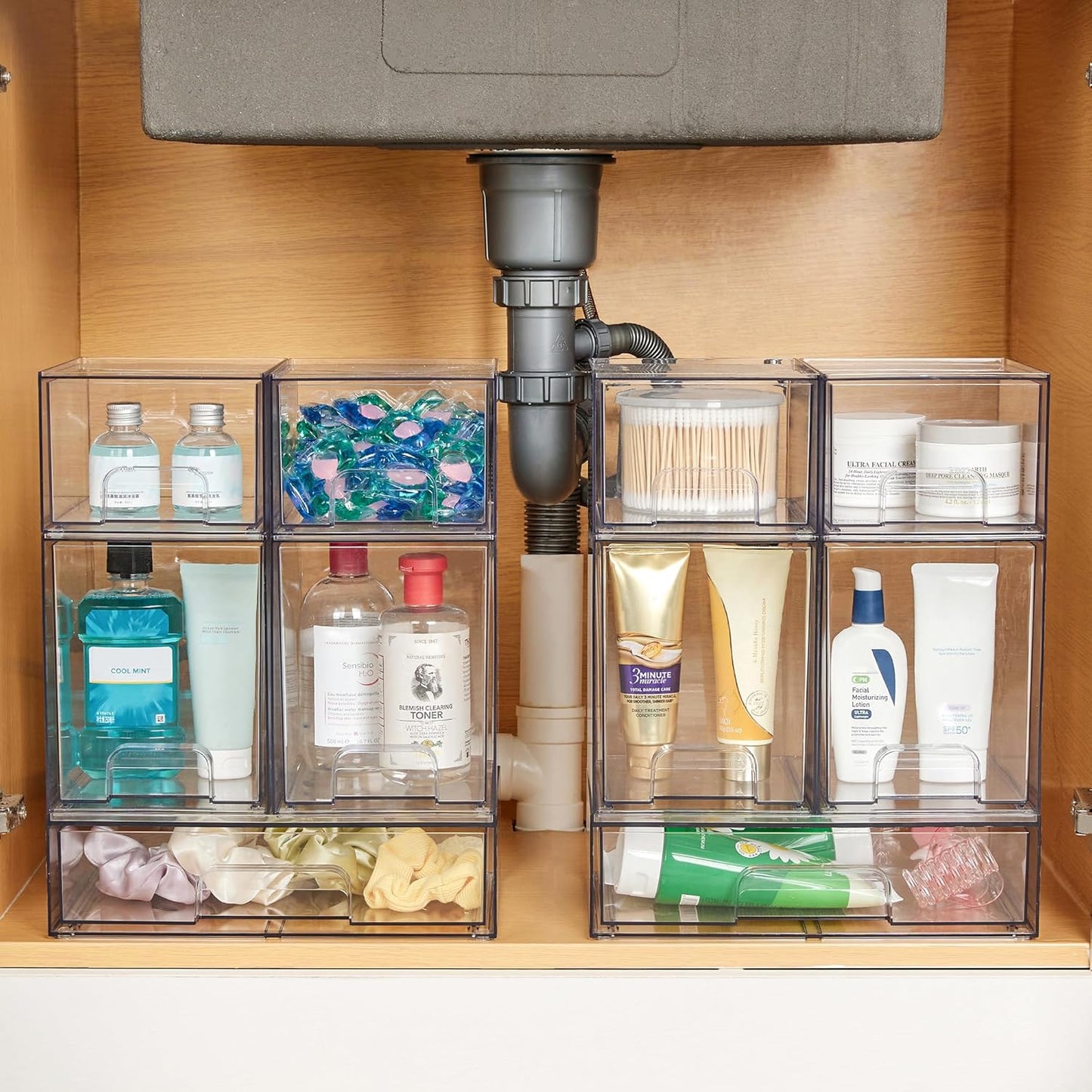 Vtopmart Stackable Storage Drawers - Clear Plastic Organizer Bins for Bathroom & Pantry | Set of 6