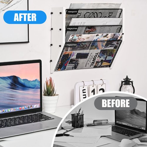 Busidhji Wall File Organizer, Hanging File Organizer, Rustic Mail Organizer Wall Mounted, Wooden Wall Paper Holder, Magazine Organizer for Office (White)