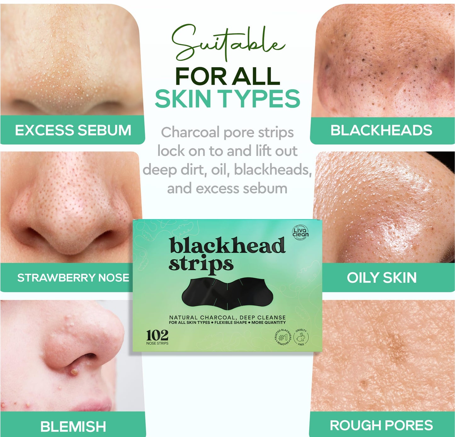LivaClean (102 Strips Charcoal Blackhead Remover Pore Strips for Face Nose Pores, Blackheads Removal, Blackheads Removers, Blackhead Remover Strip