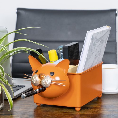 Made Easy Kit Desk Organizer, 1-5 Module Compartments - Storage for Stationery Supplies, Accessories, brushes - Home, Office, School, Dorm, Studio - Build in Pen & Pencil Holder (Orange Cat)