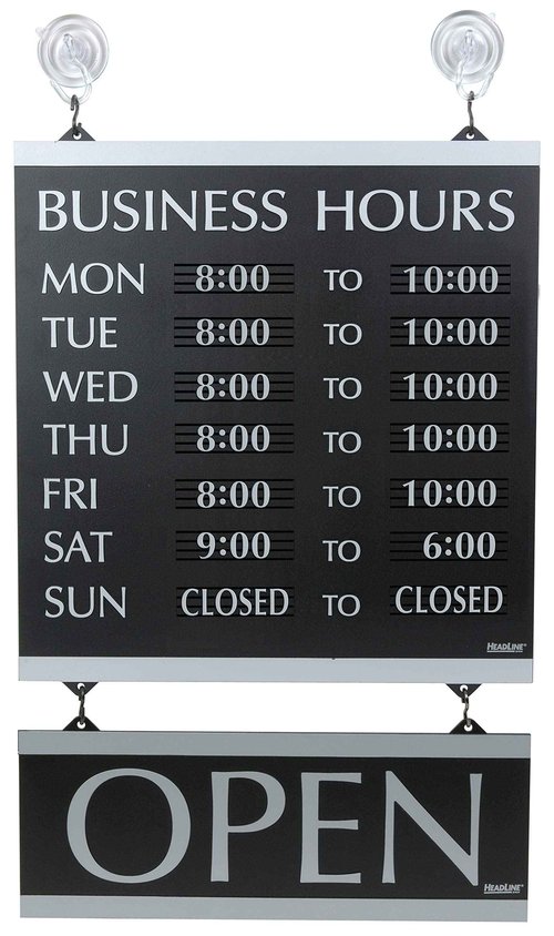 Headline Sign - Century Series, Business Hours Sign with 208-3/4" Characters, Suction Cups for Hanging, 14x13 Inch, Black and Silver (4247)