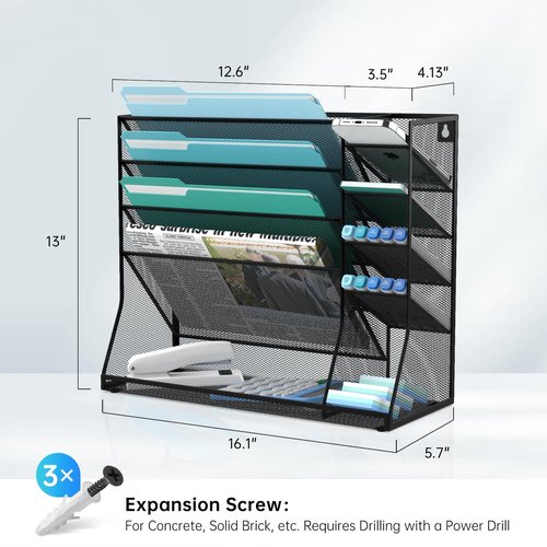 JMHUD Wall File Organizer, 5-Tier Desk Organizer with 4 Pen Slots, Vertical Hanging Wall File Folder Holder with R-shaped Bottom Tray, Mesh Mail Holder Desk Organization for Office, Black