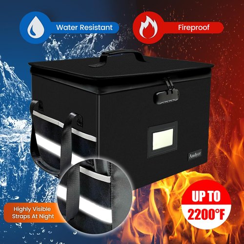 File Box with Lock, Fireproof Document Box with 10 Tab&Inserts, Collapsible File Organizer Filing Cabinet Box, Fire Proof Safe File Cabinets for Home Office Hanging Letter/Legal Folder