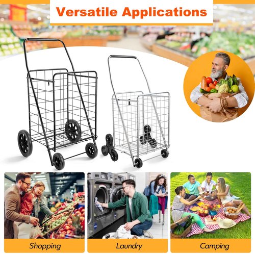 Wellmax 2-Pack Shopping Utility Cart with Stair Climber, Collapsible Folding Cart for Grocery, X-Large and Large (Black and Silver)