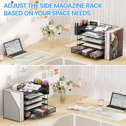 OPNICE Desk Organizers and Accessories, 5-Tier Paper File Organizer with Drawer & Pen Holder, Office Desk Accessories Workspace Desktop Organizer for Office Supplies(Black)