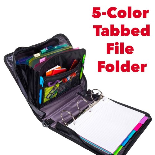 Case-it The Mighty Zip Tab Zipper Binder - 3 Inch O-Rings - 5 Color Tab Expanding File Folder - Multiple Pockets - 600 Sheet Capacity - Comes with Shoulder Strap - Black D-156-B