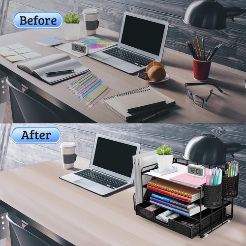 ATOMUS 4 Tier Desk Organizer, File Organizer Drawer Organizer with 2 Hanging Pen Holders Accessories & Workspace Organizers for Office Supplies Pull-Out Design (Black)