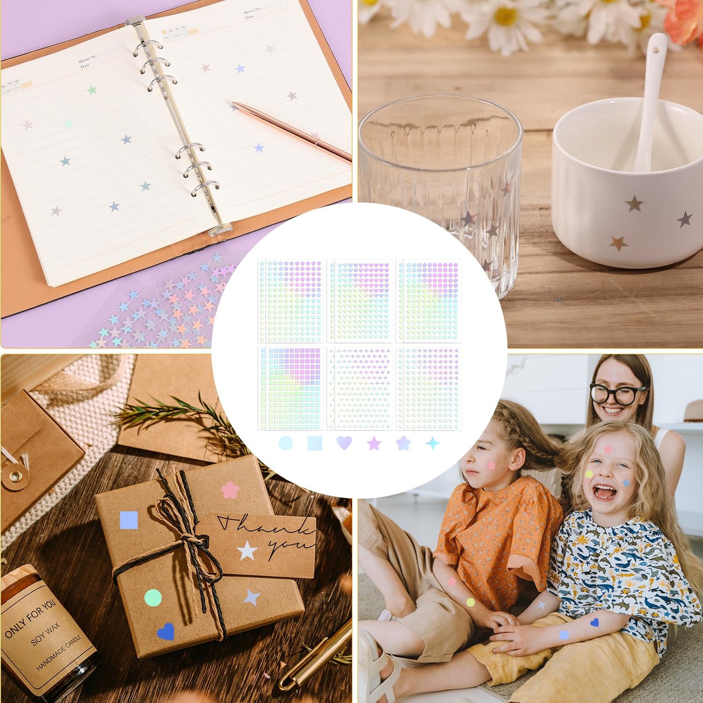 1824pcs Holographic Self-Adhesive Sticker for Crafts, Round Star Square Love Flower Shaped Mini Foil Stickers for Reward at School Classroom (Holographic Color)