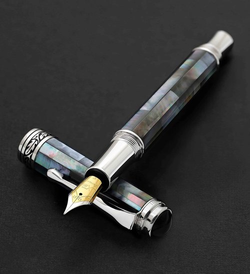 Xezo Maestro Fine/Extra-Fine Nib Fountain Pen Handcrafted with Black Mother of Pearl. Platinum Plated. Limited Edition, Serialized. No Two Pens Alike