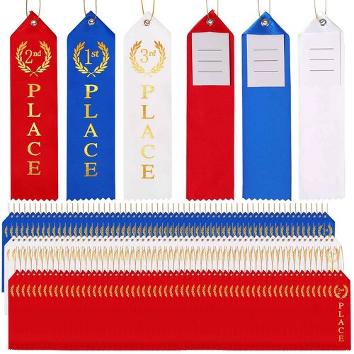 300PCS Award Ribbons, Medal Ribbons for 1st, 2nd, 3rd Place, Event Card & Rope Included,Perfect for Competitions, Sports Events, School Challenges, Vibrant Blue, Red, and White