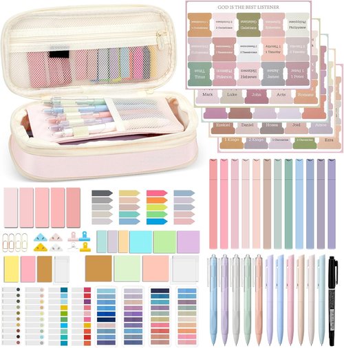 Chiisong Bible Journaling Kit - 73 Pcs Aesthetic Study Supplies with Highlighters & Gel Pens | Pink