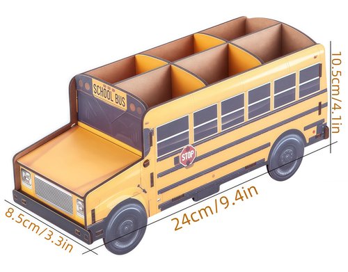 Pencils Organizer School Bus Pen Holder Creative DIY Multifunctional Desk Organizer 6 Compartments Office Desktop Stationery Mesh Table Supplies Organizer for Office School and Home (Wooden)