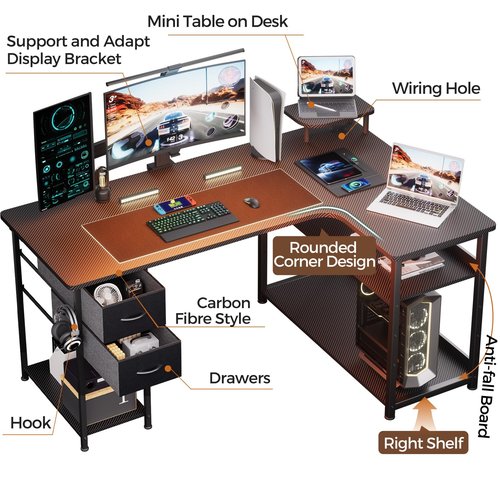 GTPLAYER L Shaped Desk with Drawers, Carbon Fiber Style Computer Desk with Monitor Shelf, Black Small L Shape Desk with Adjustable Open Storage Shelf, Corner PC Table for Small Space Home Office