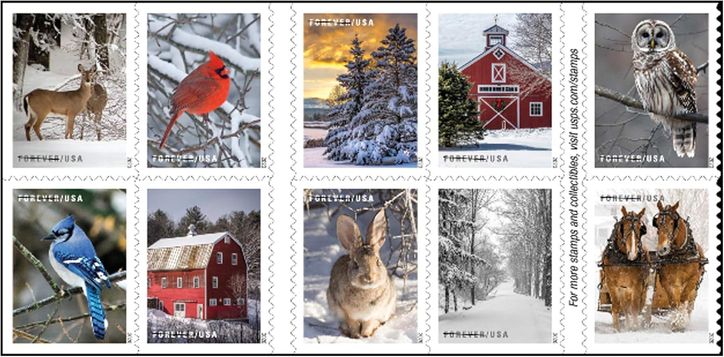 USPS Winter Scenes Forever Postage Stamps - Book of 20 for Holiday Celebrations & Weddings