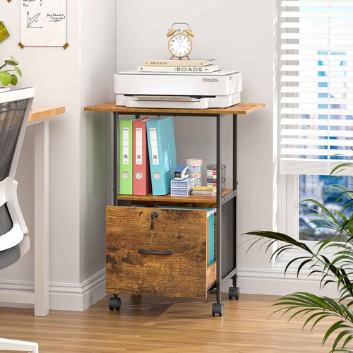 ThreeHio Small Filing Cabinet with Lock, Printer Stand with File Storage, Rolling Locking File Cabinet with Drawer Vertical File Cart with Wheels, Lockable Filing Cabinet for Home Office