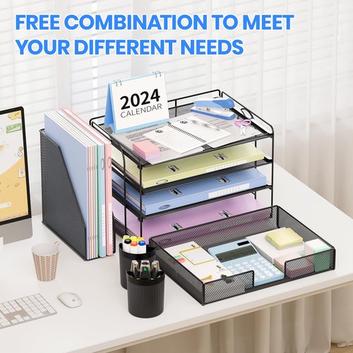 OPNICE Desk Organizer and Accessories, 4-Tier Desktop File Organizer with Drawer and 2 Pen Holders, Office Desk Accessories for Office Supplies(Black)