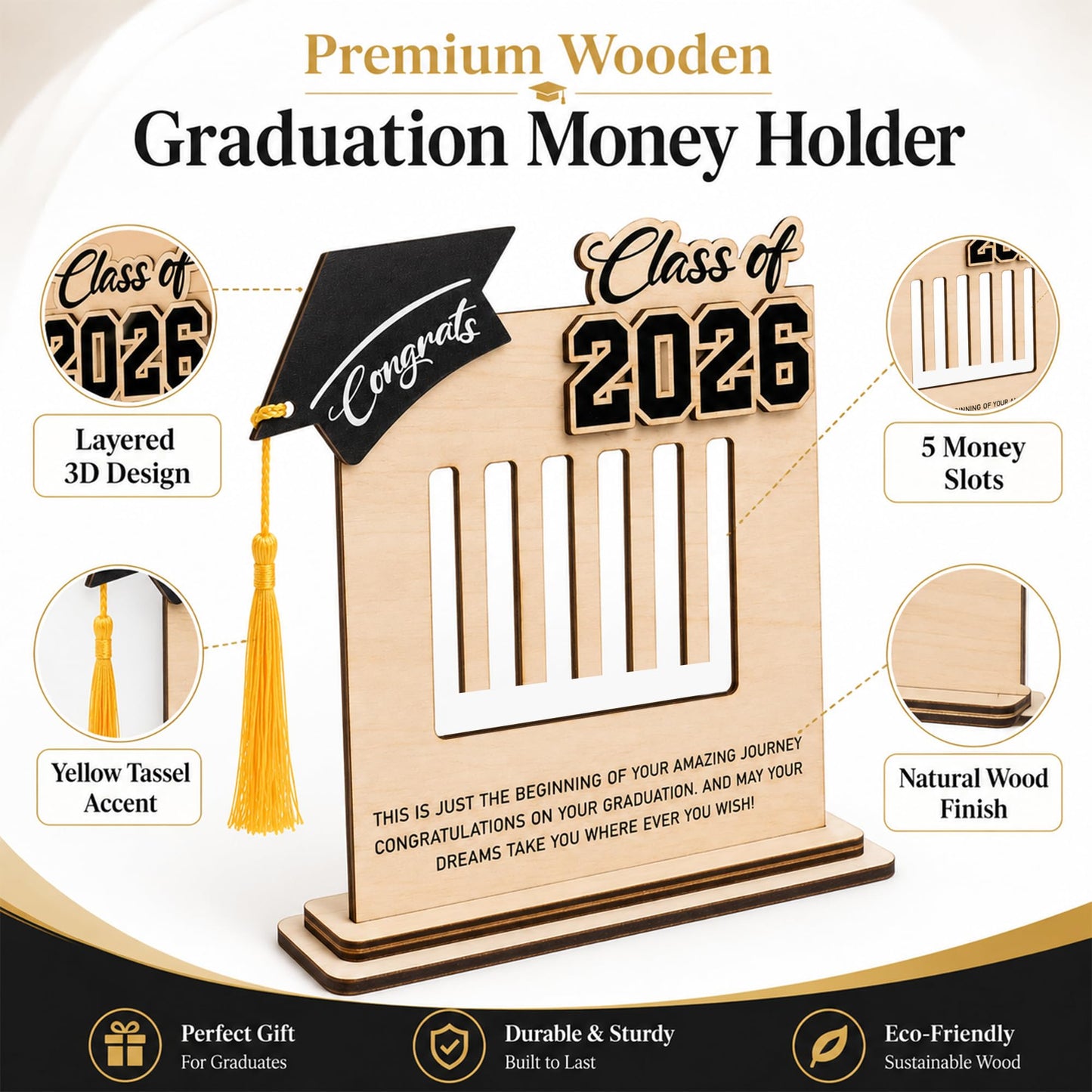 KATINAT Class of 2026 Graduation Money Holder 2026, Wooden Graduation Money Cash, Unique Graduate Gifts for Him Her Daughter Son Seniors, Graduation Gifts
