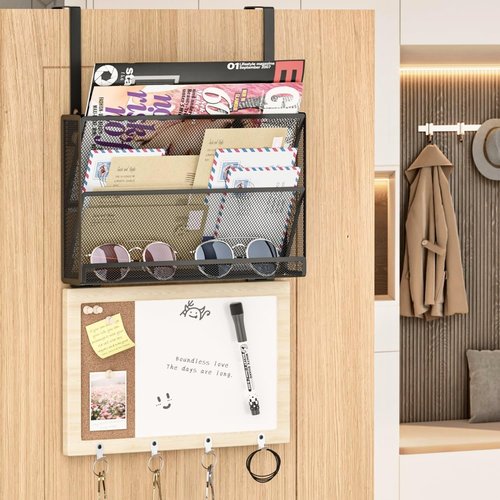 LUCYCAZ Mail Organizer Wall Mounted - Mail Holder for Wall with 4 Key Hooks, Key Holder Wall Mount Decorative with White Board Cork Board