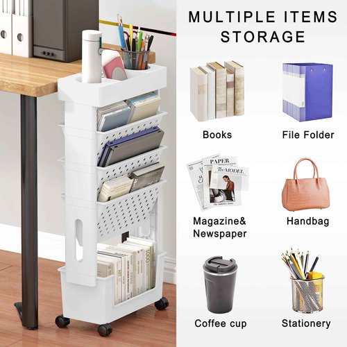 YEMUNY 5 Tier Rolling Utility Cart Multi-Functional Movable Storage Book Shelves with Lockable Casters for Study Office Kitchen Classroom, White