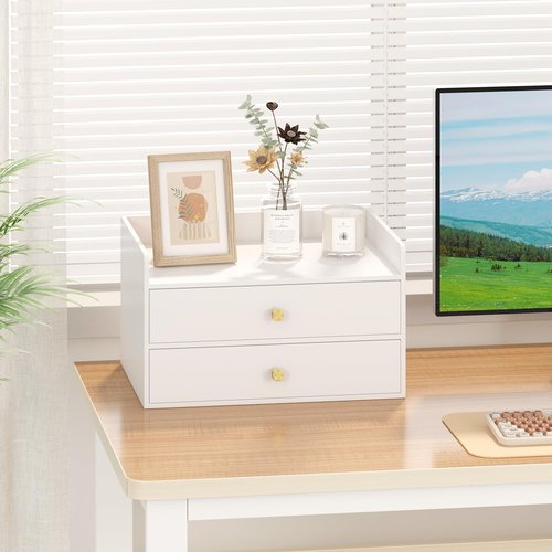 Xadgve Bamboo Desk Organizer - Stackable, No Assembly Required, Ideal for Office/Home Use - Perfect for Toiletries, Stationery, Accessories. (White, Two level drawer box with sides)