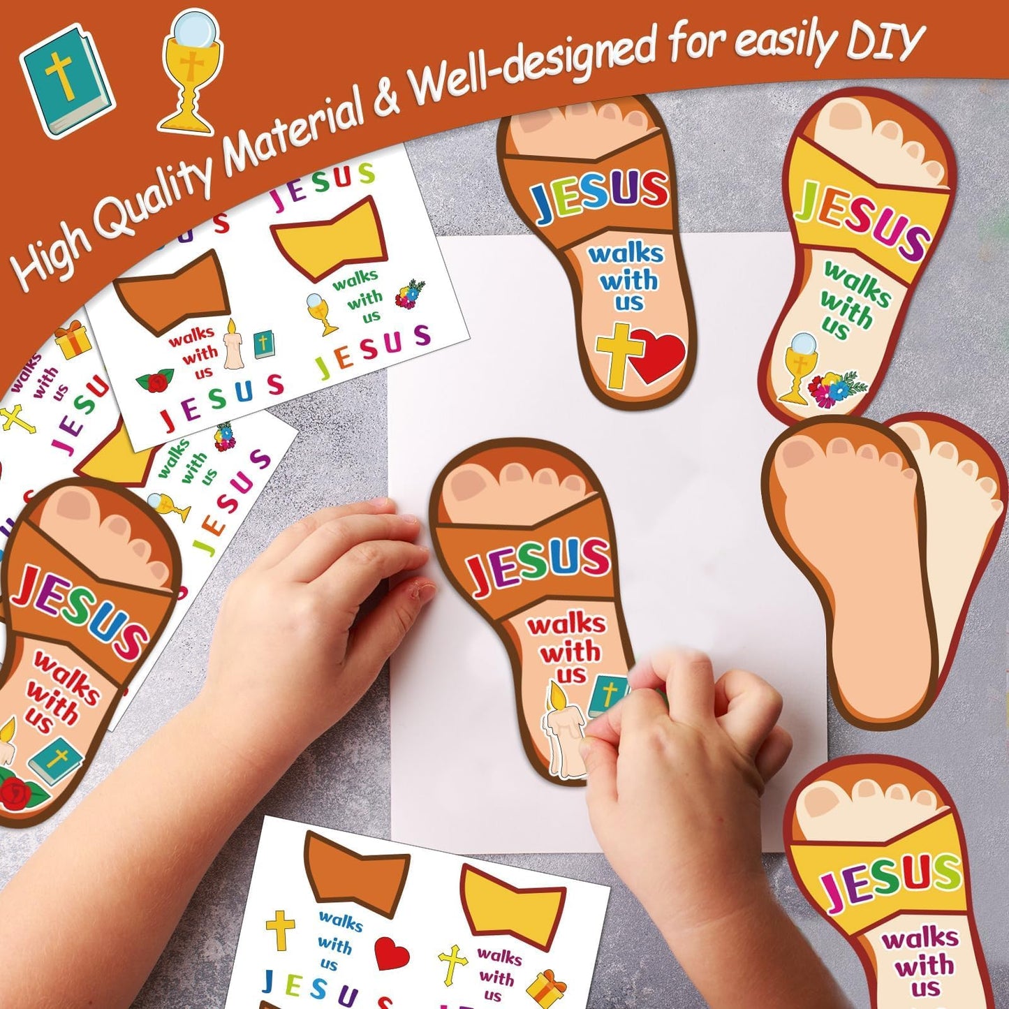 Qyeahkj 32Pcs Sunday School Crafts for Kids VBS Sticker Crafts Bible Christian Craft Jesus Walks with Us Sunday School Favors DIY Sticker Kits for Religious Classroom Home Activities Supplies