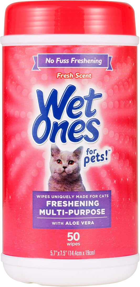 Wet Ones for Cats - Multi-Purpose Grooming Wipes with Aloe Vera | Fresh Scent, 50 Count - Removes Dirt & Odor