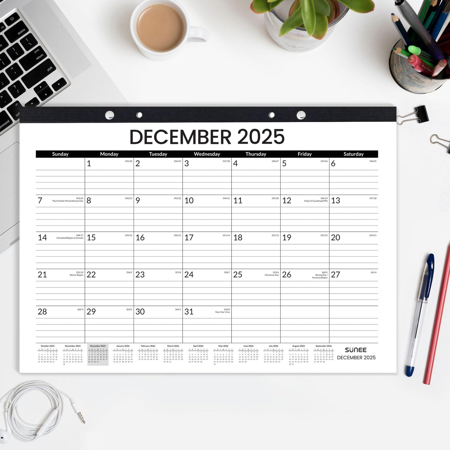 SUNEE Desk Calendar 2026, 18 Months from Oct. 2025 to Mar. 2027, 17"x12" Academic 2026 Calendar for Home, School, or Office Desk Top Organizing, Black Monthy Calendar 2026