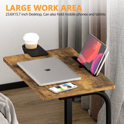Klvied Standing Desk Adjustable Height, Stand Up Desk with Cup Holder, Portable and Easy to Move Bedside Table, Ideal for Home or Office, Black，Walnut